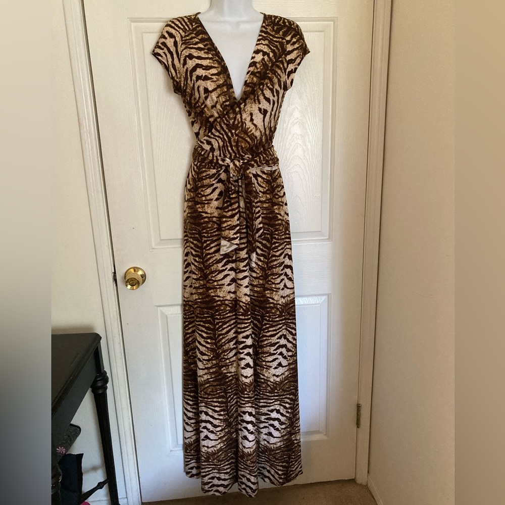 Vintage Charlie Brown Maxi Dress Brown Animal Print V-neck 8